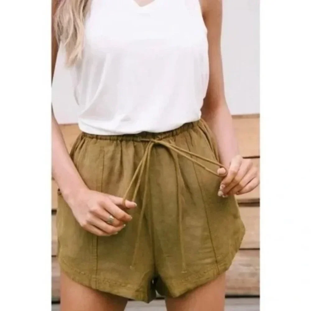 Free People Mirella Linen & Cotton Drawstring Shorts in Olive‎ Green Size S